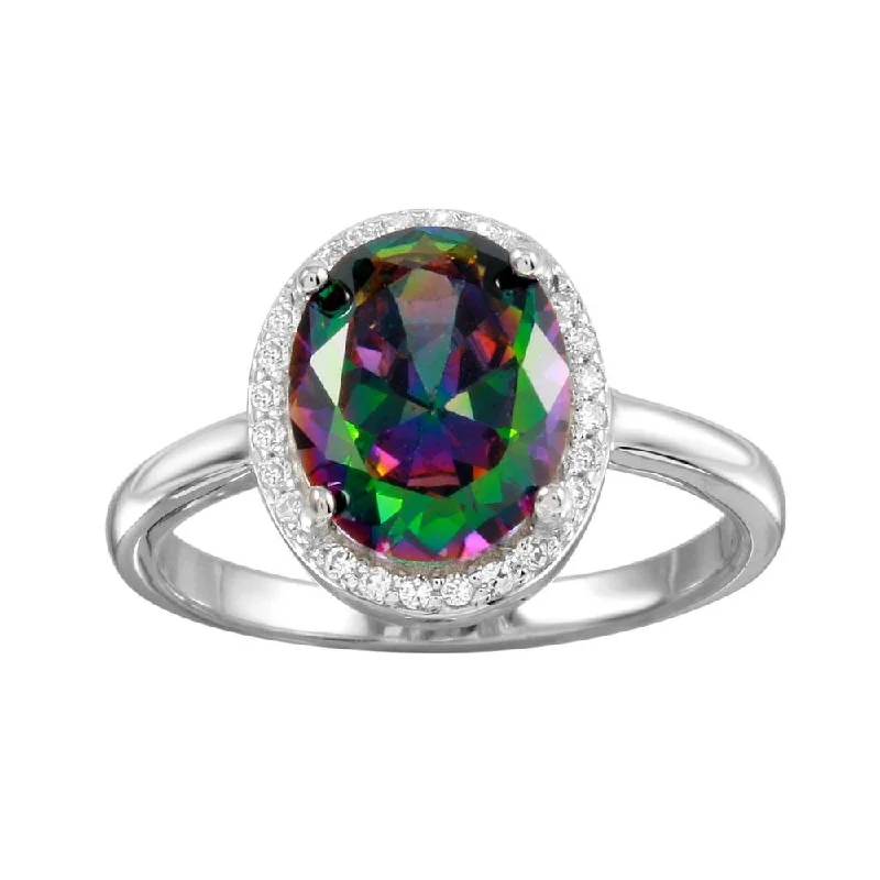 Personalized Wedding Rings-Rhodium Plated 925 Sterling Silver Oval Halo Mystic Topaz CZ Ring - BGR01269