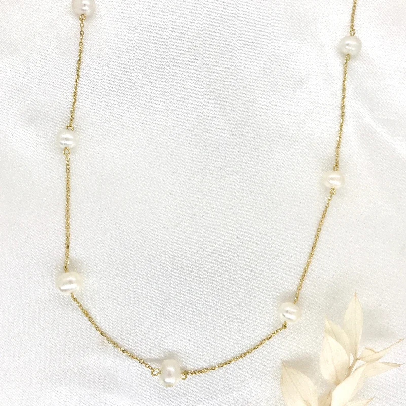 Pearl and Diamond Necklaces-18k/925 Vermeil Spaced Pearl Necklace