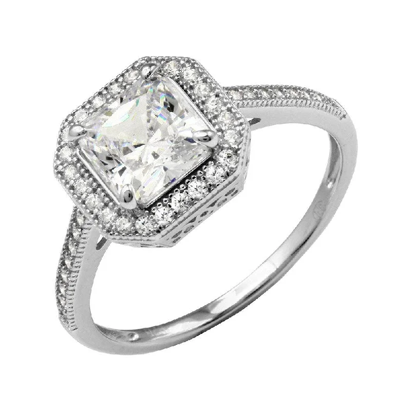 Beautiful Engagement Ring Sets-Rhodium Plated 925 Sterling Silver Square Halo Ring with CZ Shank - GMR00209