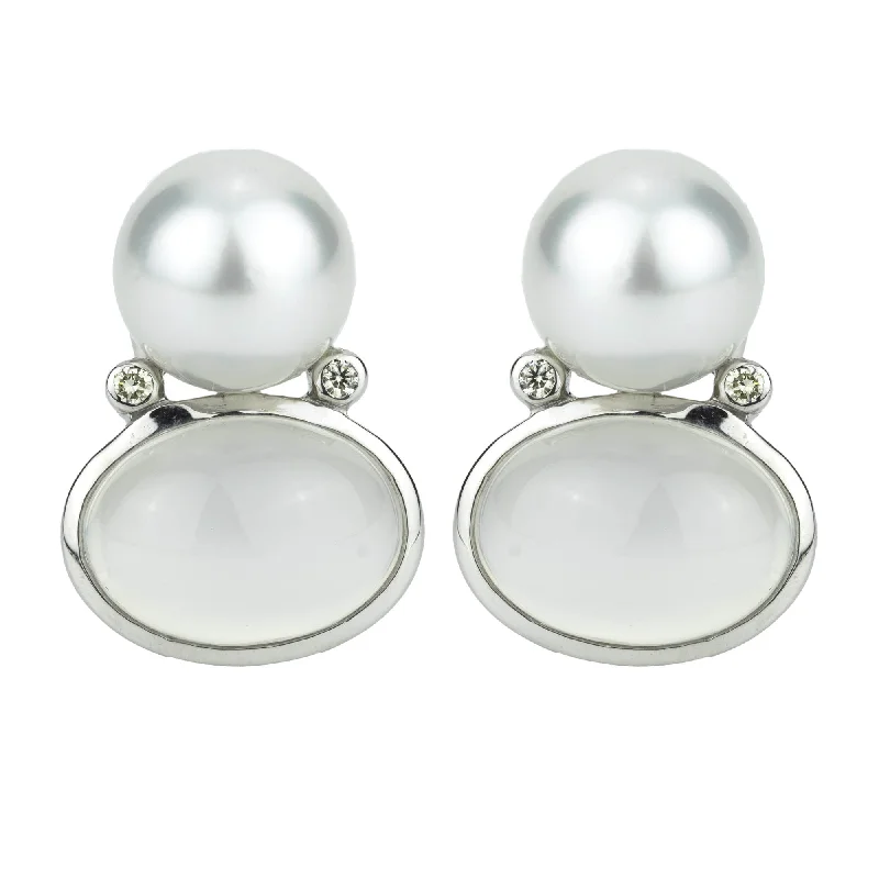 Fancy Dangle Earrings-Earrings - Moonstone, South Sea Pearl And Diamond