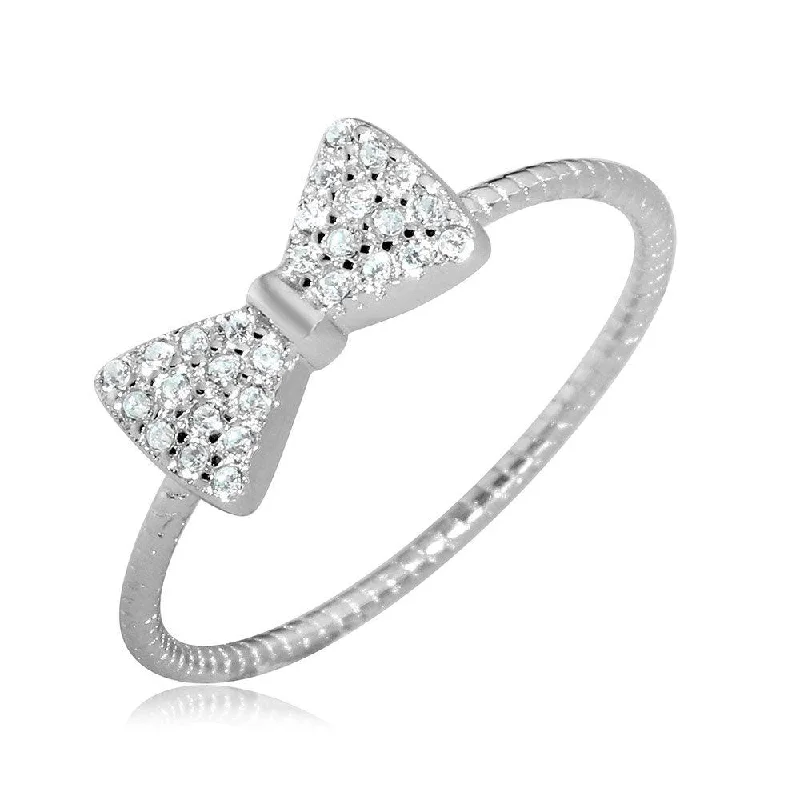 Unique Solitaire Rings-Rhodium Plated 925 Sterling Silver CZ Bow Tie Ring - BGR01072