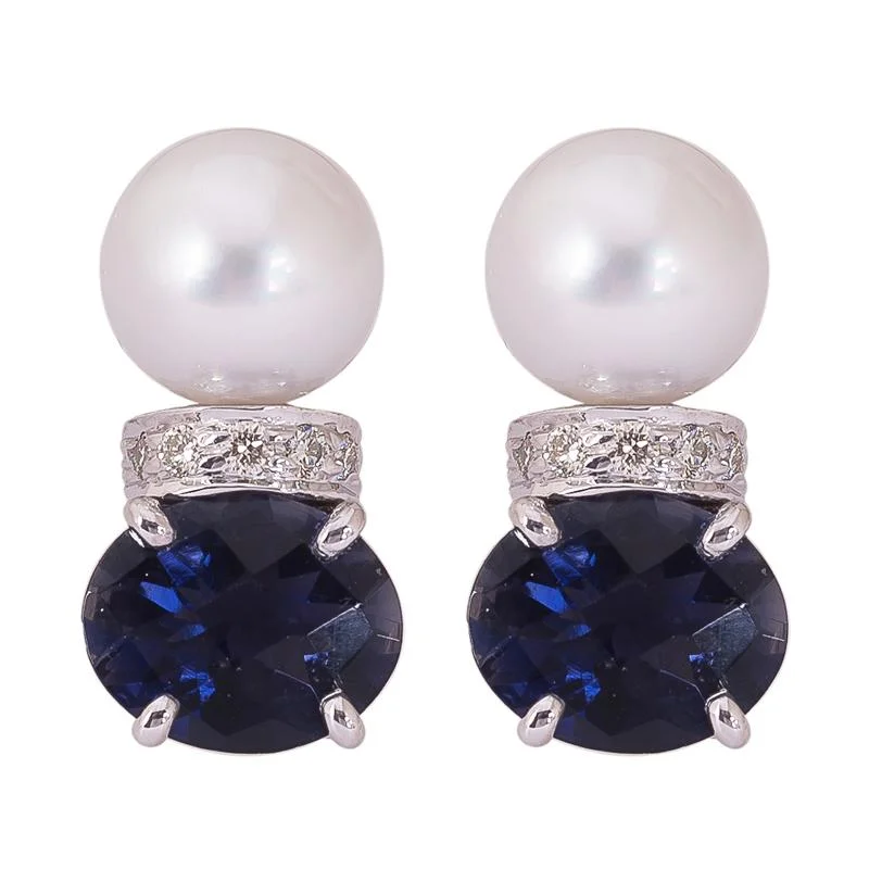 Retro Style Earrings-Earrings- Pearl, Iolite and Diamond  (271HS)