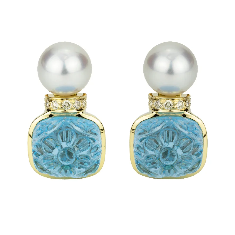 Retro Style Earrings-Earrings - Blue Topaz, South Sea Pearl And Diamond