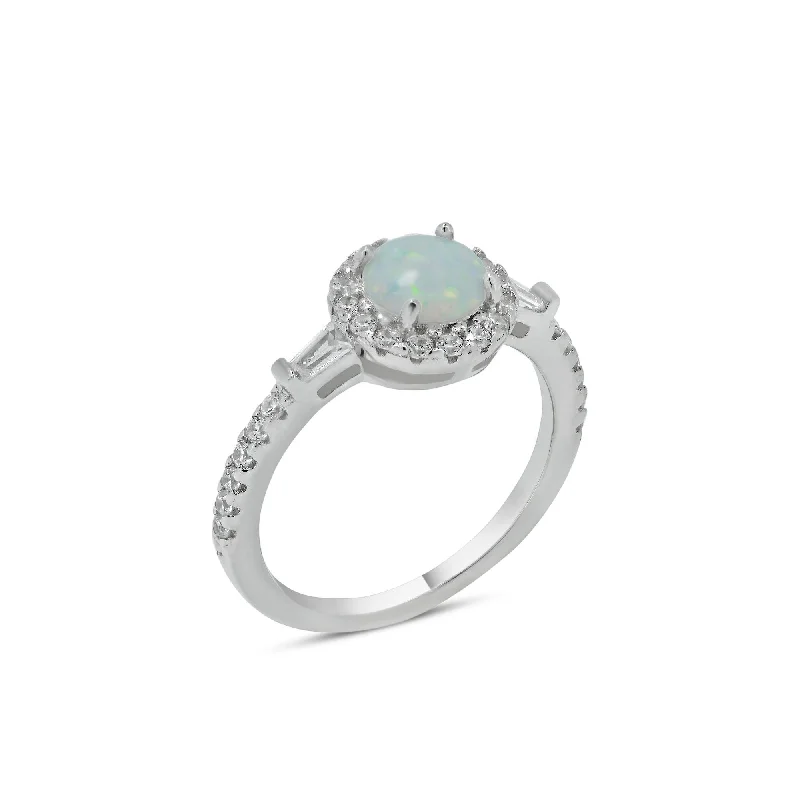 Colorful Engagement Rings-Rhodium Plated 925 Sterling Silver Round Halo Opal CZ Ring - BGR01303