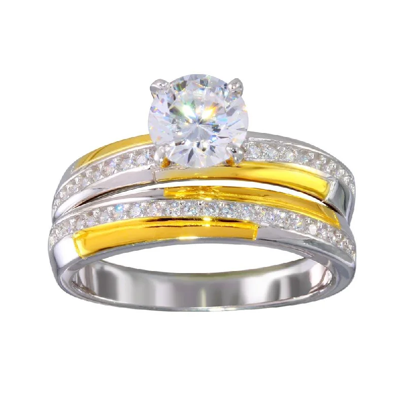 Gold Diamond Rings-Two-Tone 925 Sterling Silver Gold and Rhodium Plated Stackable Double Rings with CZ - GMR00262RG