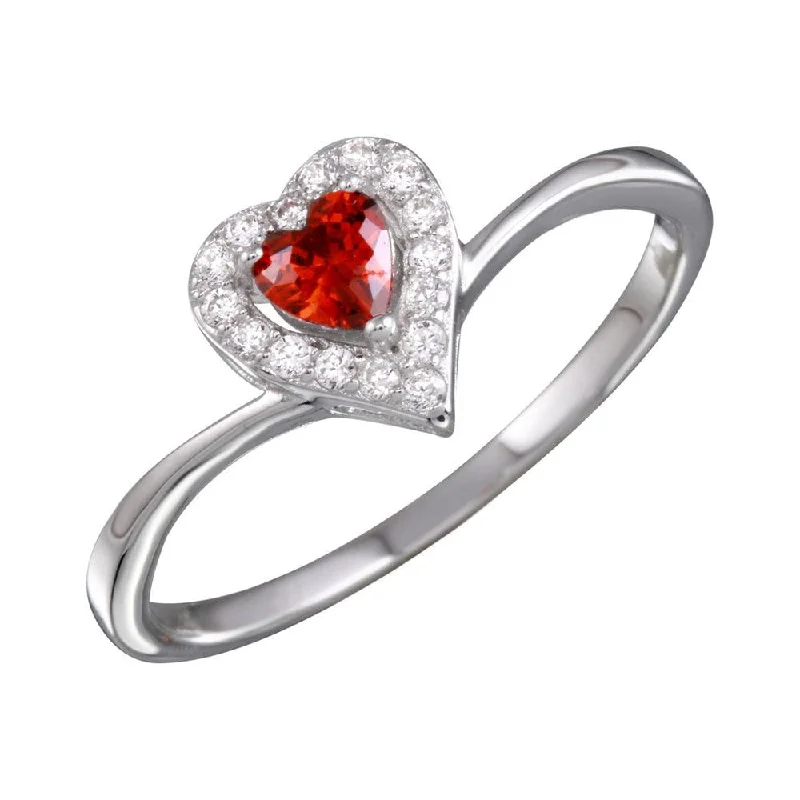 Dainty Silver Rings-Rhodium Plated 925 Sterling Silver Red Heart Ring with CZ - BGR01153GAR