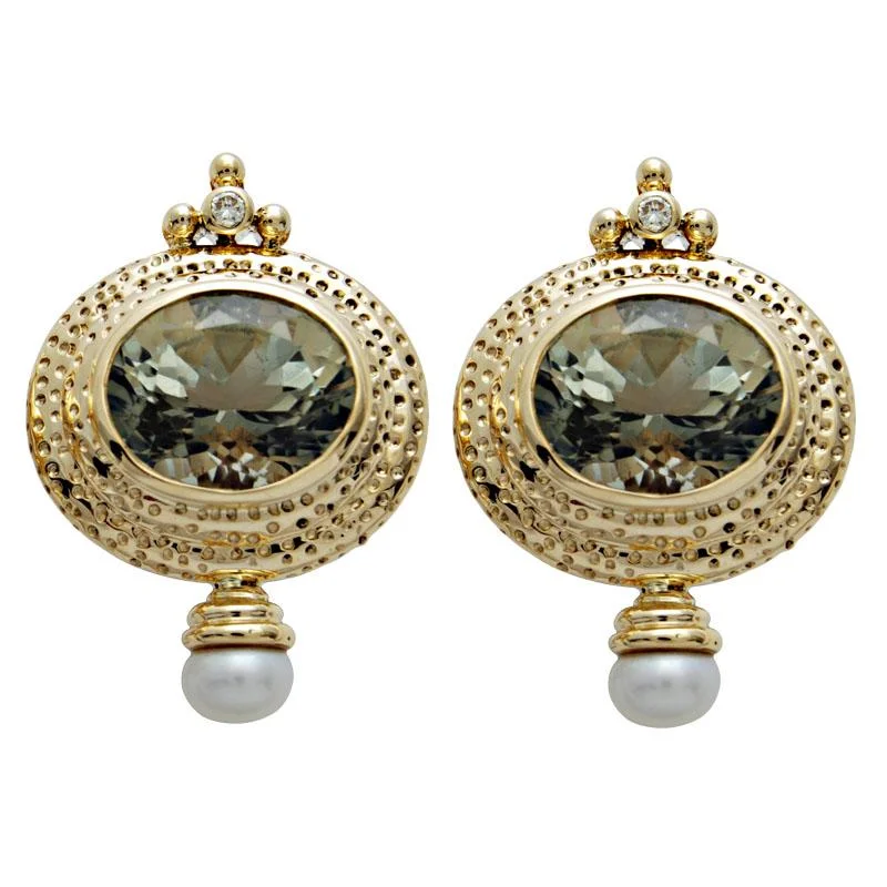 Fashion Earrings for Teens-Earrings-Green Quartz, Pearl and Diamond  (1644C)