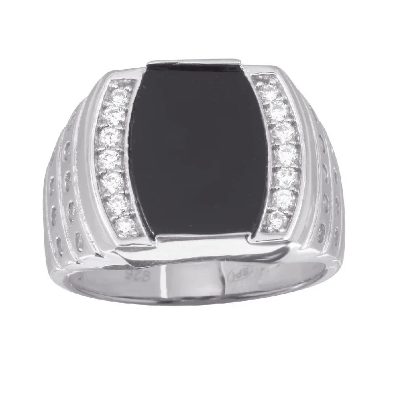 Men’s Wedding Rings-Rhodium Plated 925 Sterling Silver Men's Flat Oval Onyx Ring with CZ - GMR00255RH