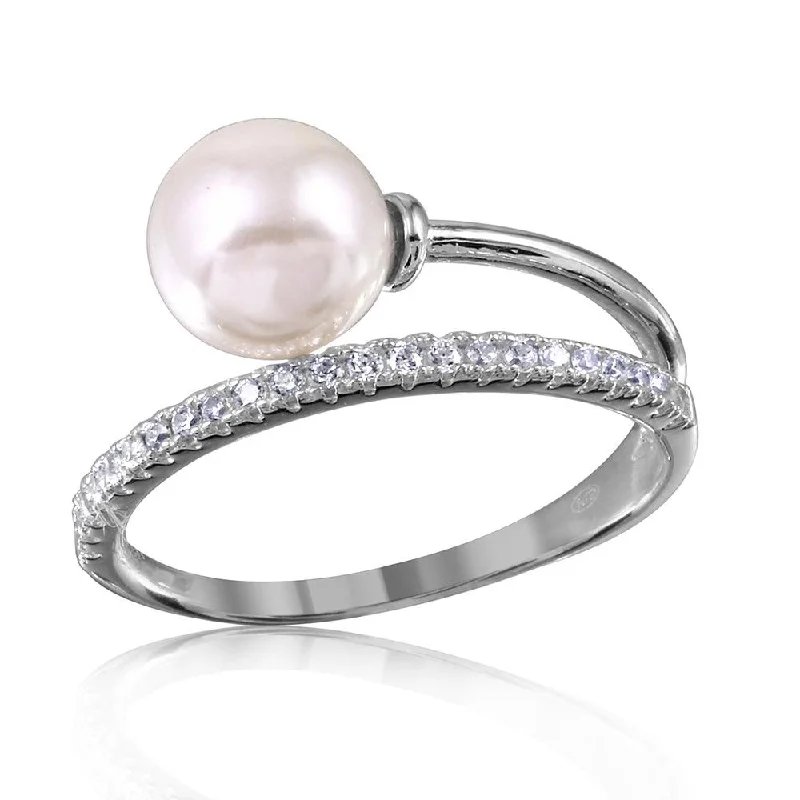 Stylish Gemstone Rings-Silver 925 Rhodium Plated Overlap CZ and Synthetic Pearl Ring - GMR00130