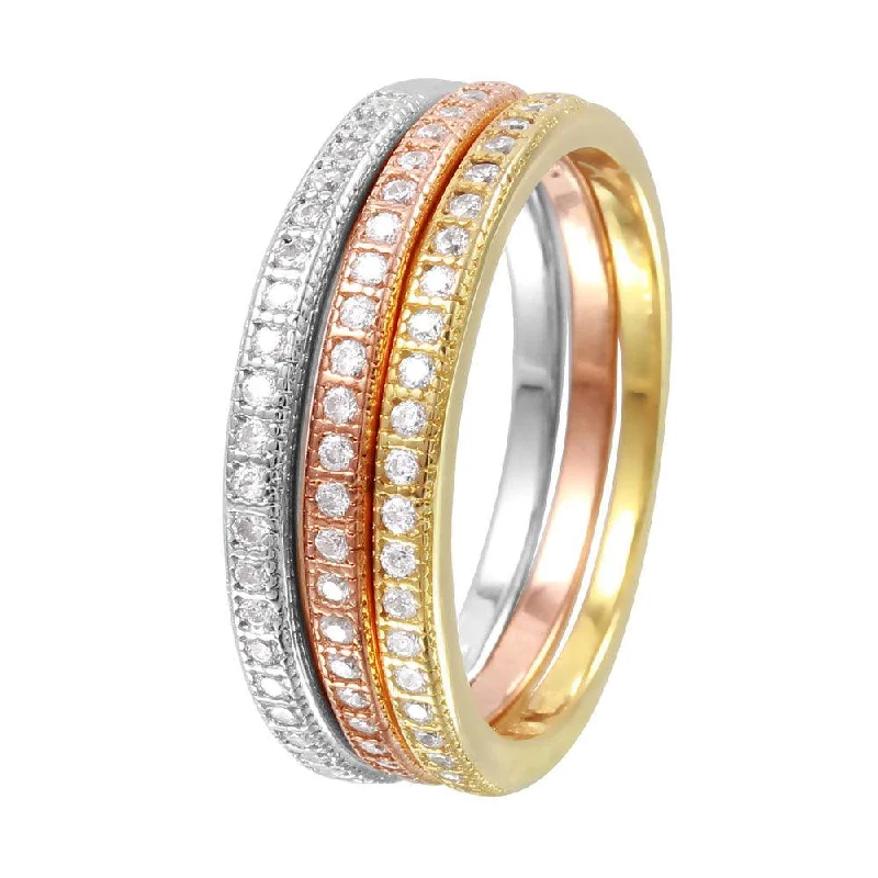 Custom Silver Engagement Rings-Silver 925 Rhodium Plated Tri Color Stackable Rings - BGR00998