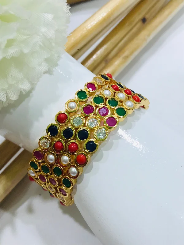 Trendy Gold Bangle Bracelets-High Quality Gold Plated Antique Bangles With Multicolor Stones