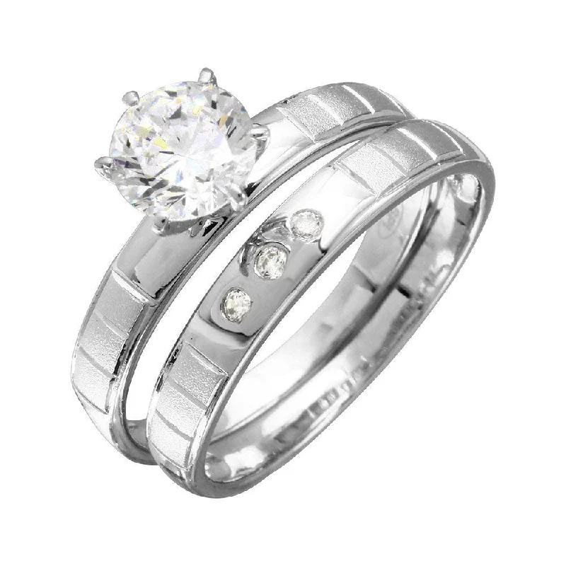 Modern Wedding Ring Sets-Rhodium Plated 925 Sterling Silver Line Shank Design Bridal Trios Ring - GMR00188