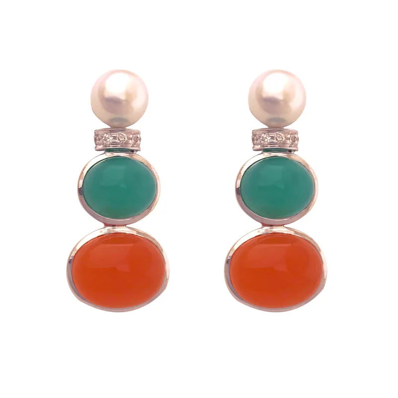 Unique Wedding Stud Earrings-EARRINGS- CORNELIAN, CHRYSOPRASE, S.S. PEARL AND DIAMOND IN SILVER