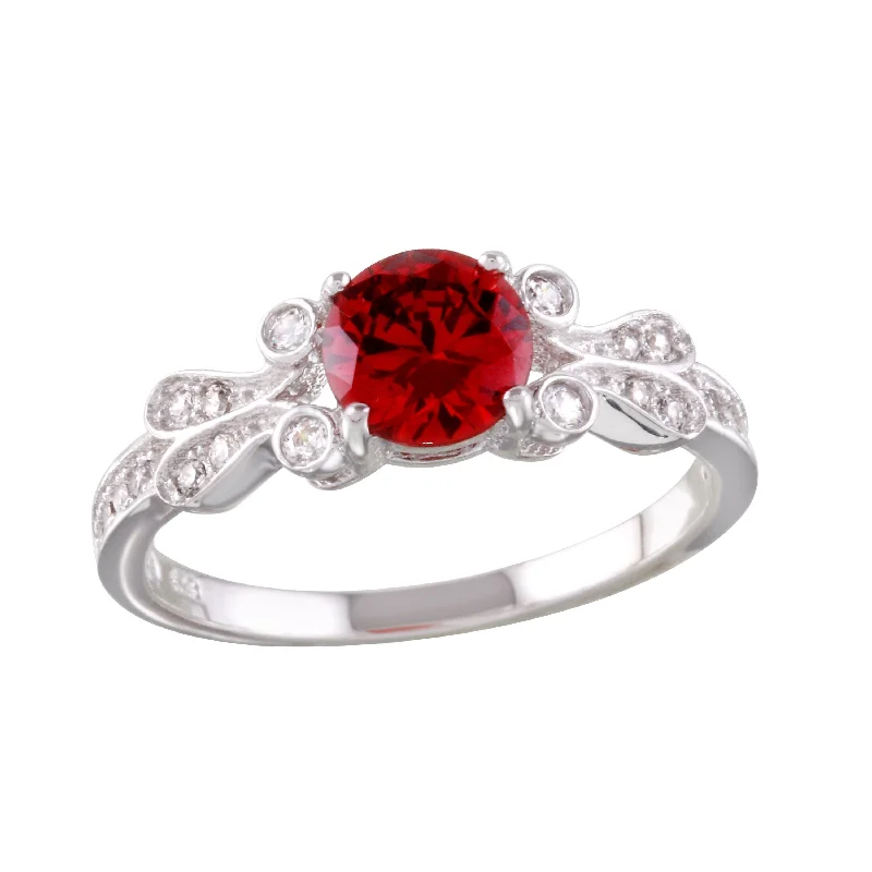 Vintage Wedding Bands for Women-Rhodium Plated 925 Sterling Silver Red Oval CZ Ring - BGR01165GAR