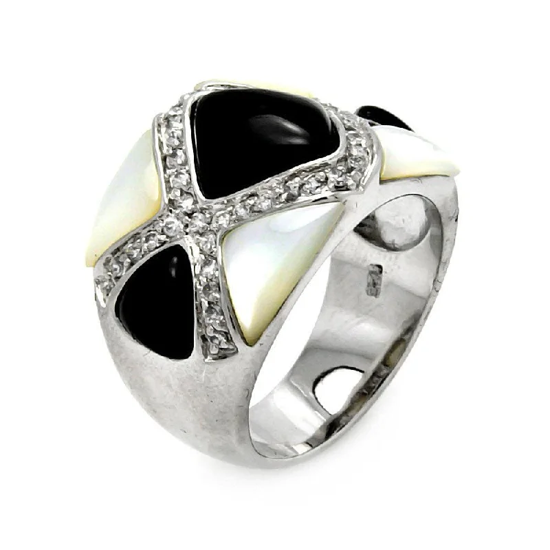 Elegant Engagement Rings-Clearance-Silver 925 Rhodium Plated Black Onyx Pearl CZ Ring - STR00276