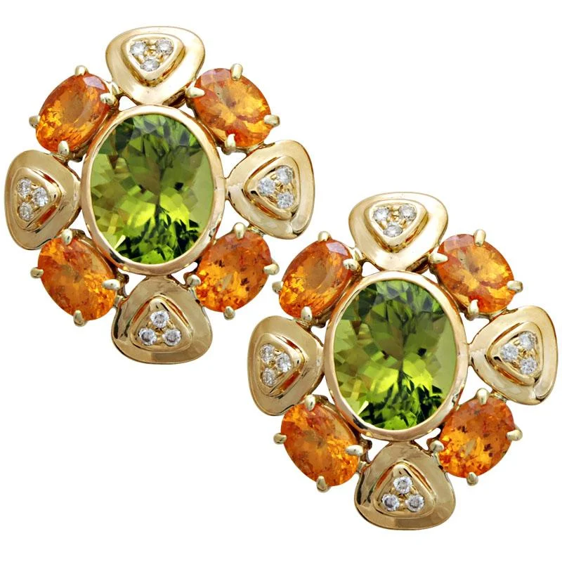 Classic Stud Earrings-Earrings-Peridot, Orange Garnet and Diamond  (1705E)