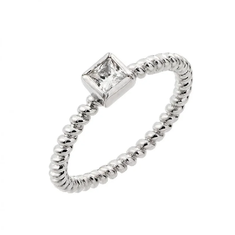 Classic Gold Rings-Silver 925 Rhodium Plated Clear Square Center CZ Bead Ring - BGR00857