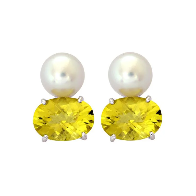 Designer Drop Earrings-Earrings-Lemon Quartz and South Sea Pearl  (213DS)