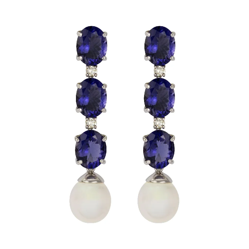 Vintage Pearl Earrings-Earrings - Iolite, South Sea Pearl & Diamond