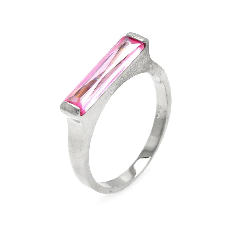 Stunning Gemstone Rings-Clearance-Silver 925 Rhodium Plated Long Pink CZ Bar Ring - BGR00003PNK