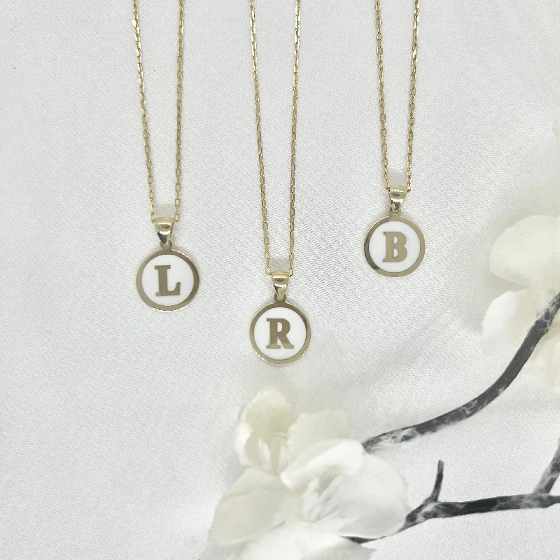 Trendy Gold Chain Necklaces-10k Gold White Enamel Letter Disk Necklace