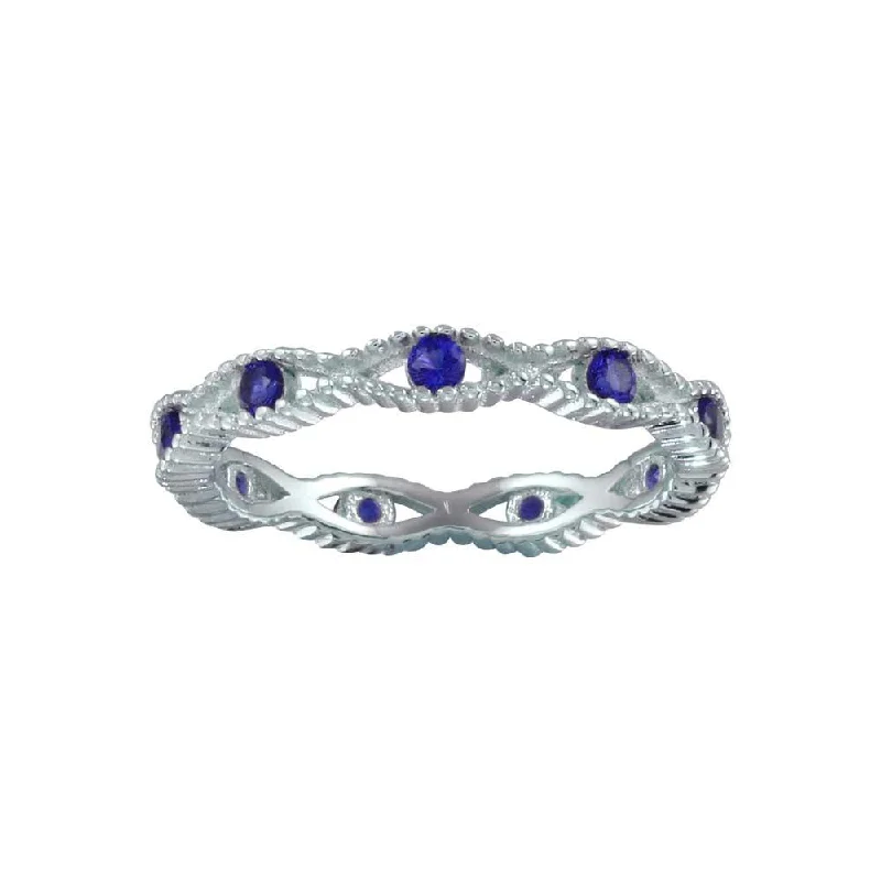 Beautiful Custom Rings-Rhodium Plated 925 Sterling Silver Intersecting Waves Blue CZ Ring - BGR01294BLU