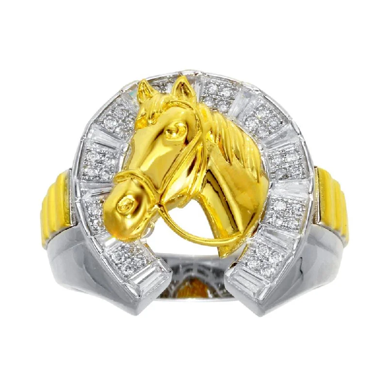 Unique Gemstone Engagement Rings-Two-Tone 925 Sterling Silver Men's 925 Sterling Silver CZ Horse Shoe Gold Horse Ring - GMR00282RG