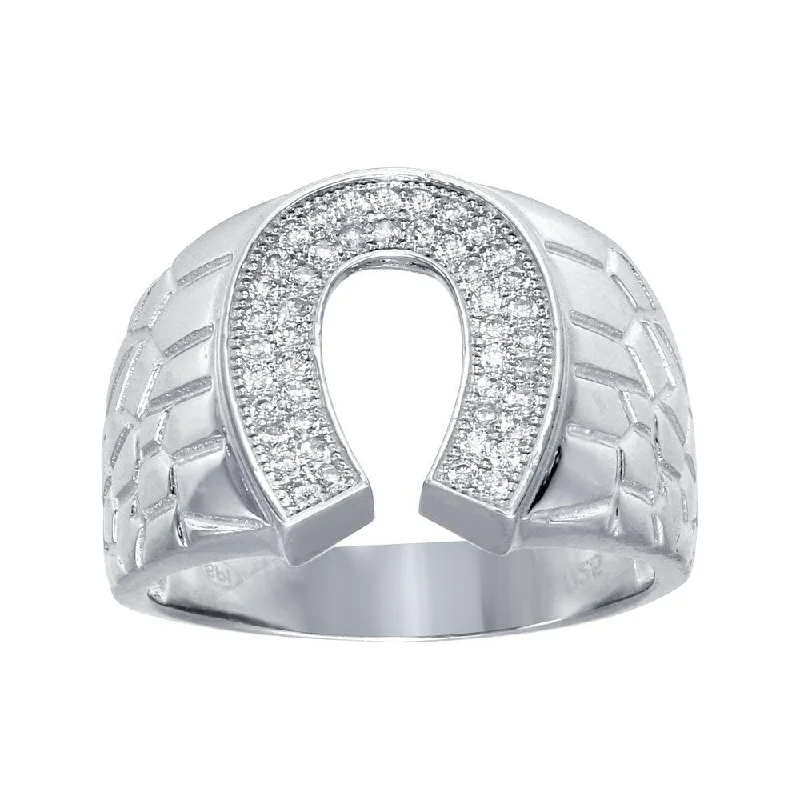 Classic Diamond Rings-Rhodium Plated 925 Sterling Silver Men's Horse Shoe CZ Ring - GMR00275