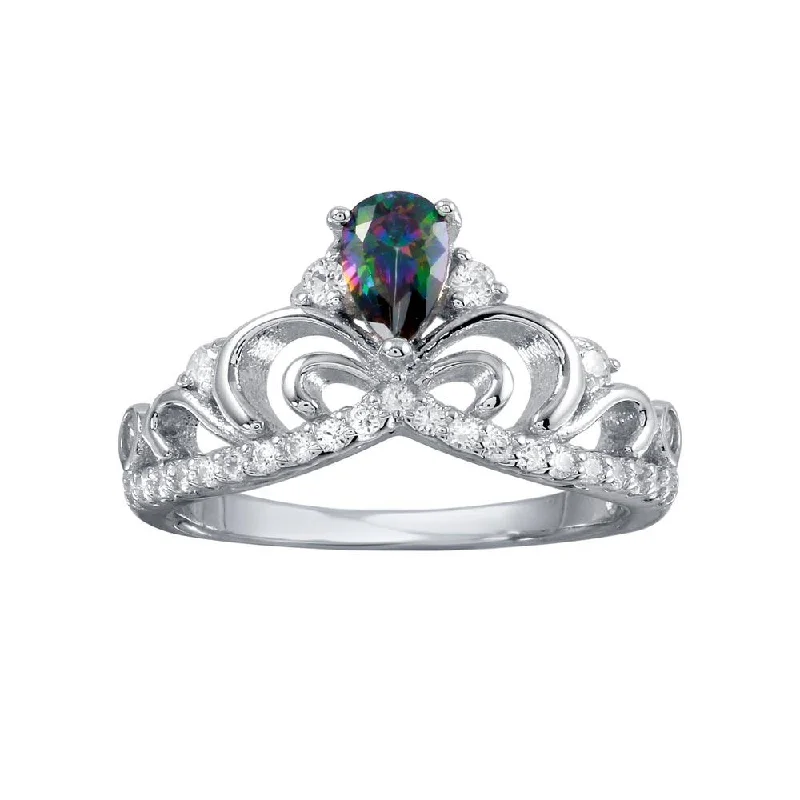 Simple Engagement Rings-Rhodium Plated 925 Sterling Silver Crown Synthetic Mystic Topaz CZ Ring - BGR01268