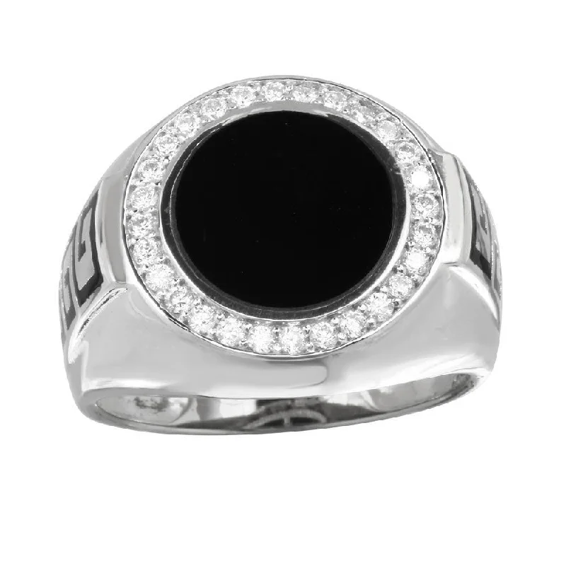 Men’s Gold Rings-Rhodium Plated 925 Sterling Silver Men's Round Flat Round Onyx Ring with CZ - GMR00254RH