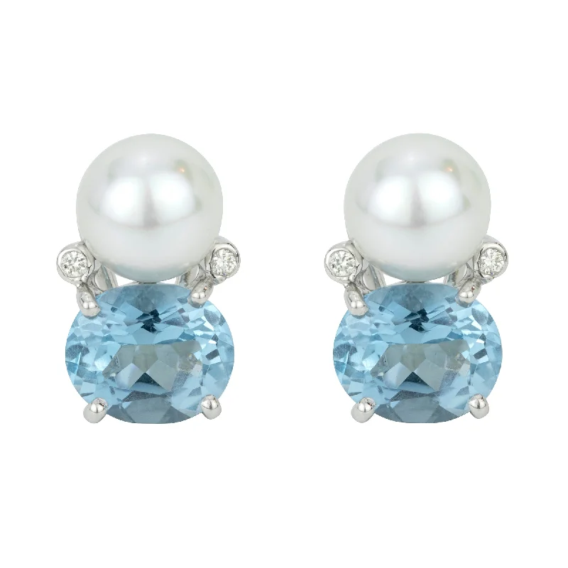 Elegant Wedding Earrings-Earrings - Blue Topaz, South Sea Pearl & Diamond