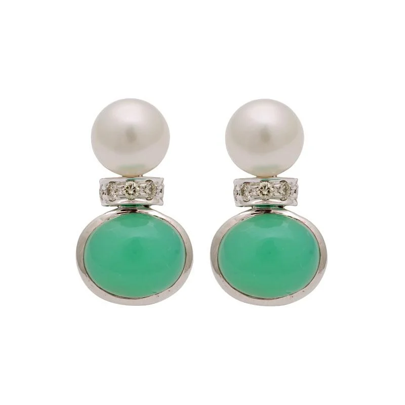 Cute Drop Earrings-Earrings-Chrysoprase, South Sea Pearl and Diamond  (179DS)