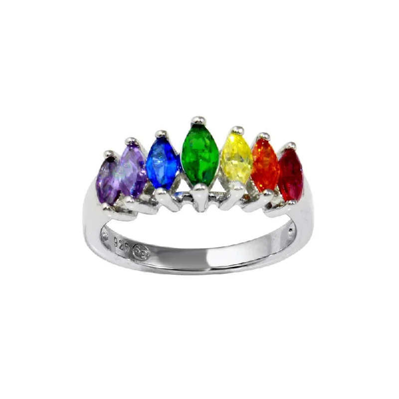 Custom Wedding Bands for Men-Rhodium Plated 925 Sterling Silver Graduated Multicolor Marquise CZ Ring - BGR01353