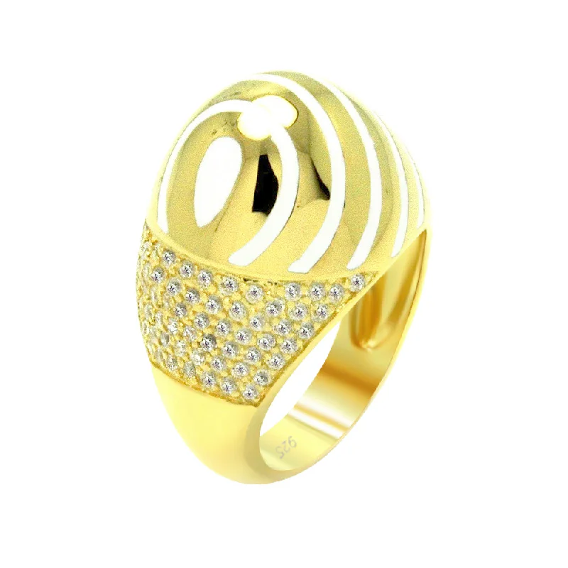 Modern Gold Rings-Clearance-Silver 925 Gold Plated White Enamel Clear CZ Stripe Egg Ring - BGR00318