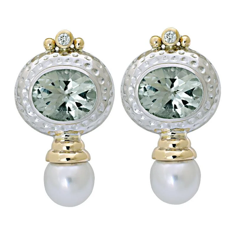 Clear Crystal Earrings-Earrings-Green Quartz, South Sea Pearl and Diamond  (8AM)