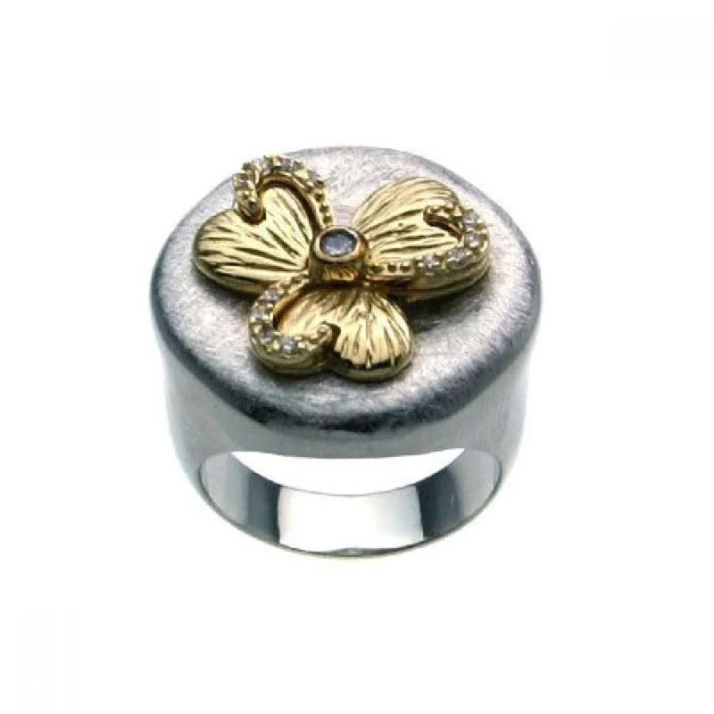 Custom Name Rings-Clearance-Silver 925 Rhodium and Gold Plated 2 Toned CZ Flower Ring - BGR00220