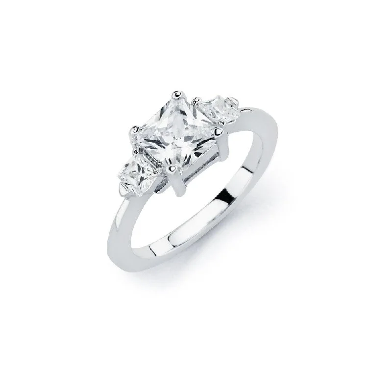 Modern Gold Rings-Silver 925 Rhodium Plated Clear Square Center CZ Bridal Ring - BGR00763