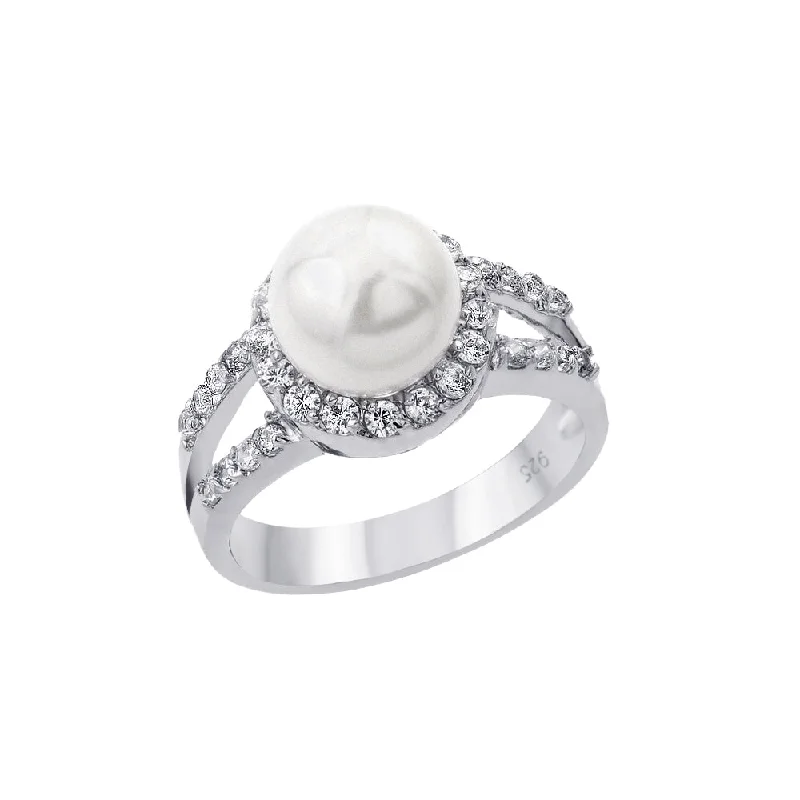 Silver and Gold Rings-Silver 925 Rhodium Plated Clear Cluster CZ Synthetic Pearl Ring - BGR00878