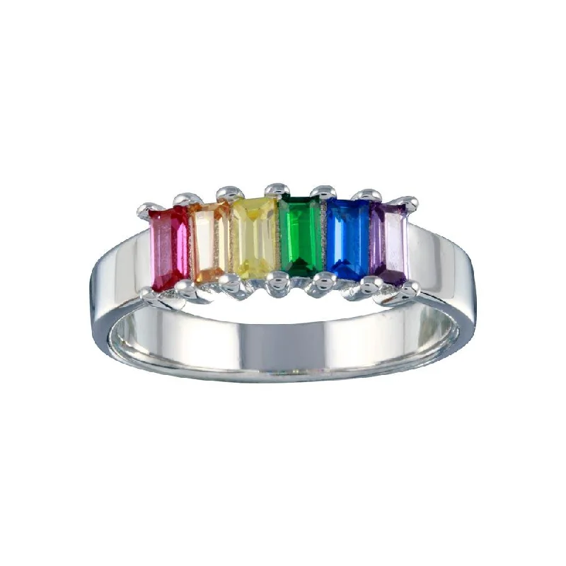 Colorful Wedding Rings-Rhodium Plated 925 Sterling Silver Multicolor Baguette CZ Ring - BGR01313