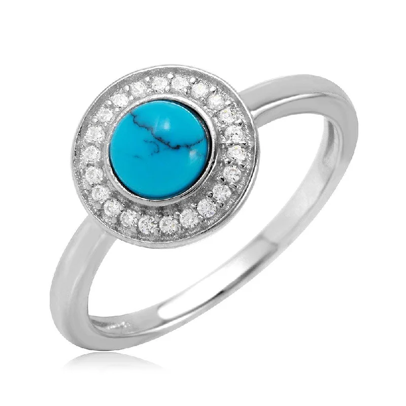 Beautiful Engagement Ring Sets-Silver 925 Rhodium Plated Turquoise Center Halo CZ Ring - BGR01076