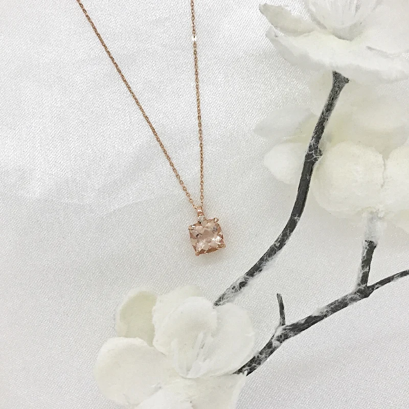 Diamond Choker Necklaces-10k Gold Cushion Cut Created Morganite Stone and Diamond Necklace