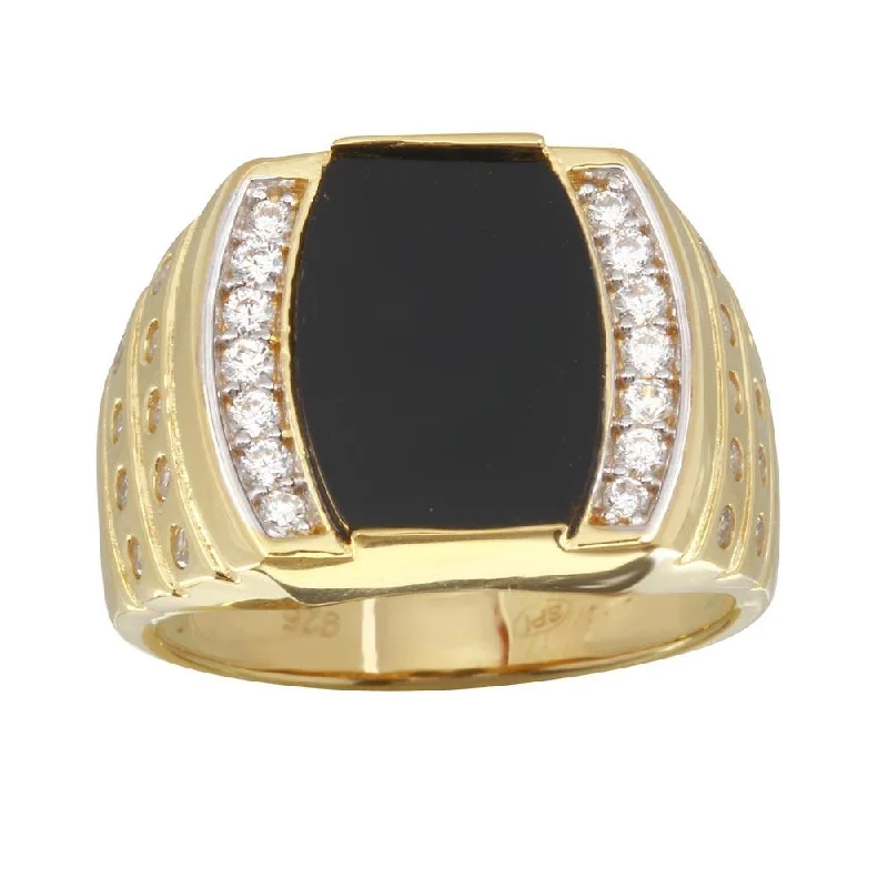 Luxury Silver Rings-Men's Gold Plated 925 Sterling Silver Flat Oval Onyx Ring with CZ - GMR00255GR