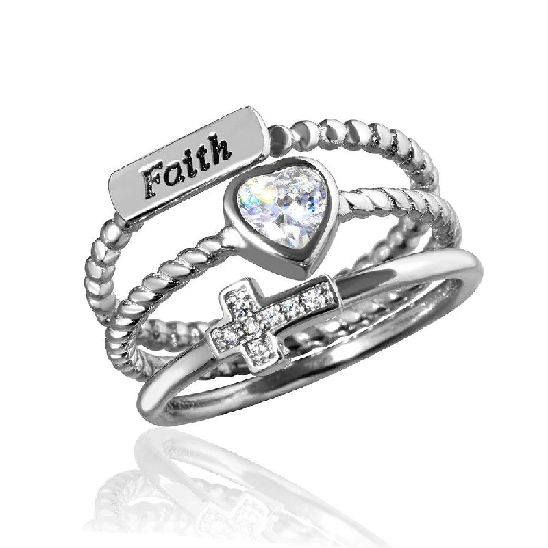 Statement Gemstone Rings-Silver 925 Rhodium Plated Triple Band Faith Heart Cross Ring with CZ - STR01059