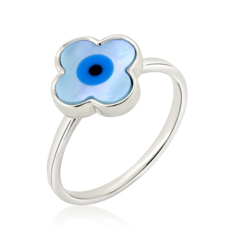 Handcrafted Diamond Rings-Rhodium Plated 925 Sterling Silver Flower Eye Mother of Pearl Ring - AAR0090