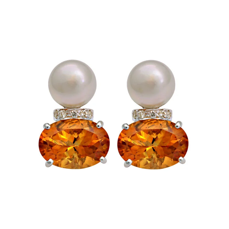 Handcrafted Silver Earrings-Earrings-Citrine, South Sea Pearl and Diamond