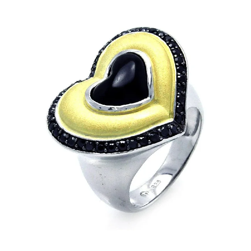 Bridal Engagement Ring Sets-Clearance-Silver 925 Rhodium, Black Rhodium, and Gold Plated 3 Toned Black CZ Heart Ring - BGR00274