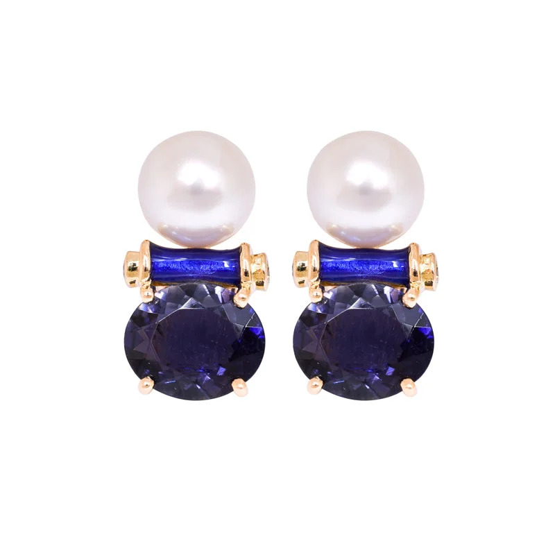 Artistic Drop Earrings-EARRINGS- IOLITE, S.S. PEARL AND DIAMOND (ENAMEL)