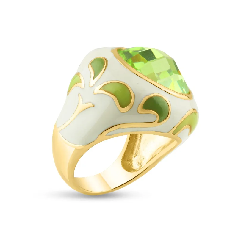 Unique Engagement Rings-Clearance-Silver 925 Gold Plated Green White Enamel Yellow CZ Ring - STR00623