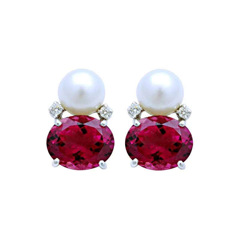 Oval Dangle Earrings-Earrings-Rubellite, South Sea Pearl and Diamond  (113HS)