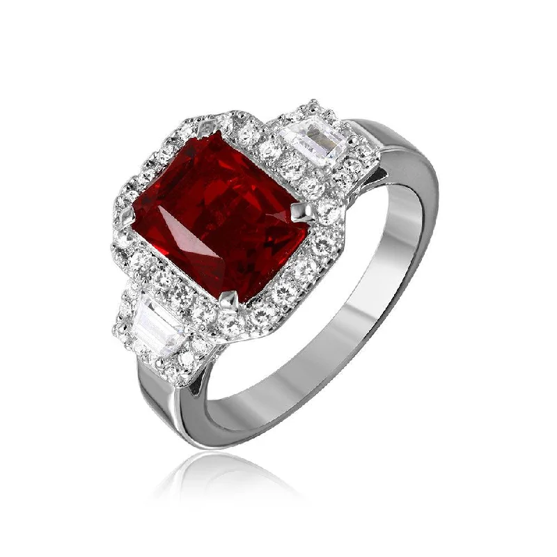 Dainty Silver Rings-Silver 925 Rhodium Plated Red Emerald Cut Center CZ Stone Ring - GMR00101R